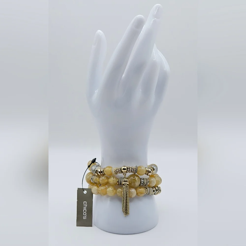 CHICO'S Vinia Tan and Gold Beaded Stretch‎ Bracelet Set